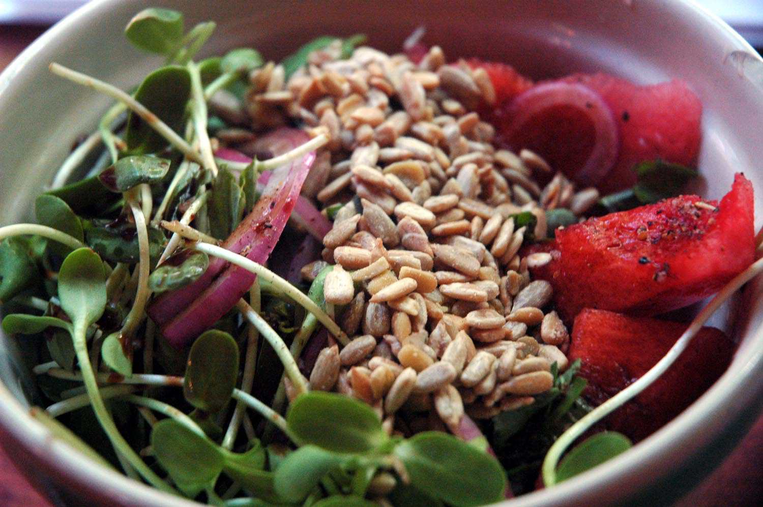 A bowl of seeds, sprouts, and watermelon