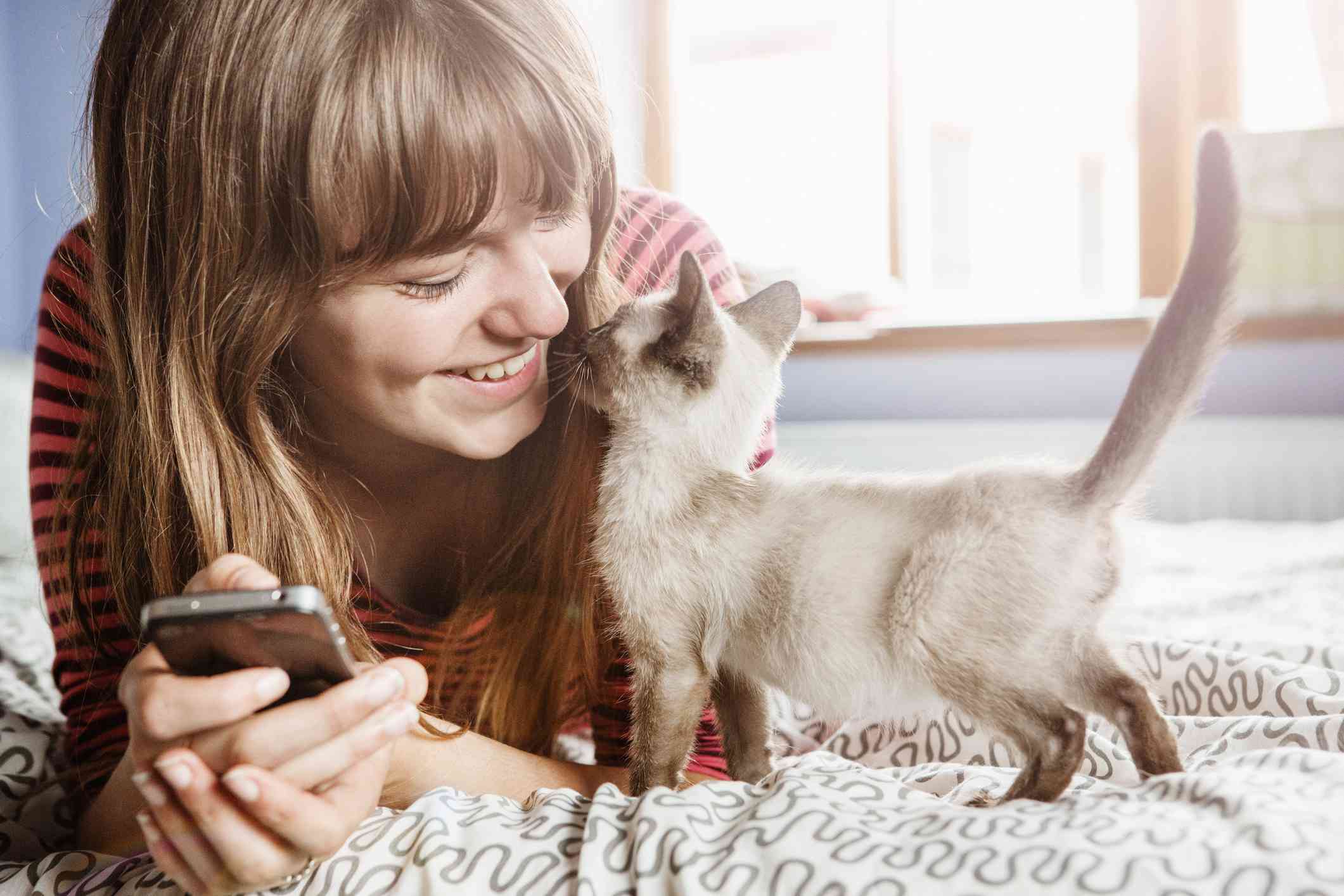 Young woman holding her phone and getting cuddles from a kitten.