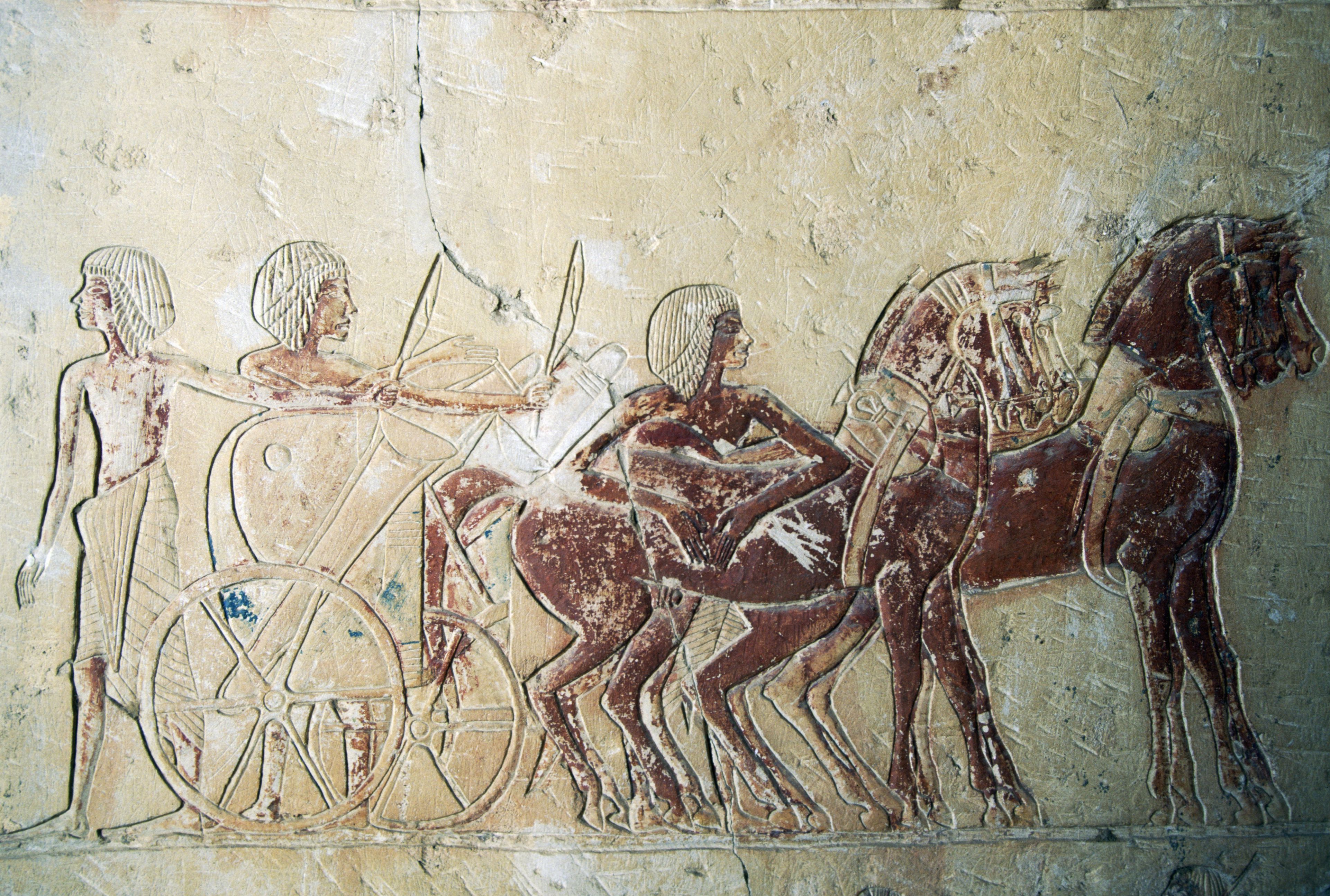 Drawing depicting preparation of chariot, mortuary temple of Ramesses III, Medinet Habu, Thebes