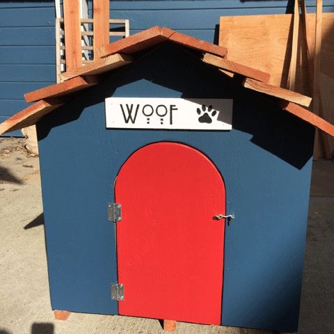 A red and blue dog house.