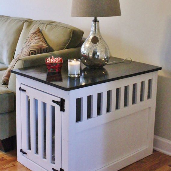 An end table that doubles as a dog kennel.