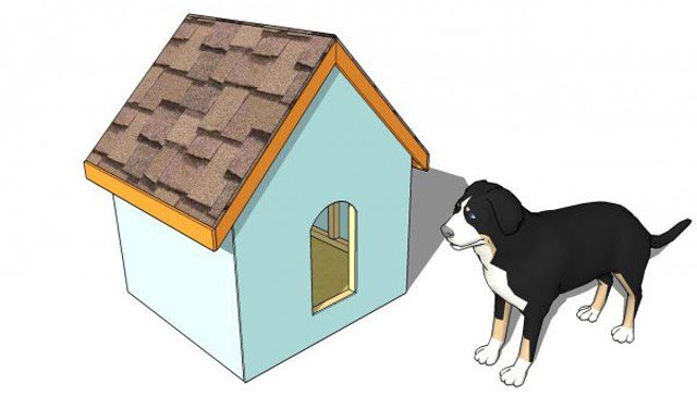 A drawing of a dog outside of a dog house.