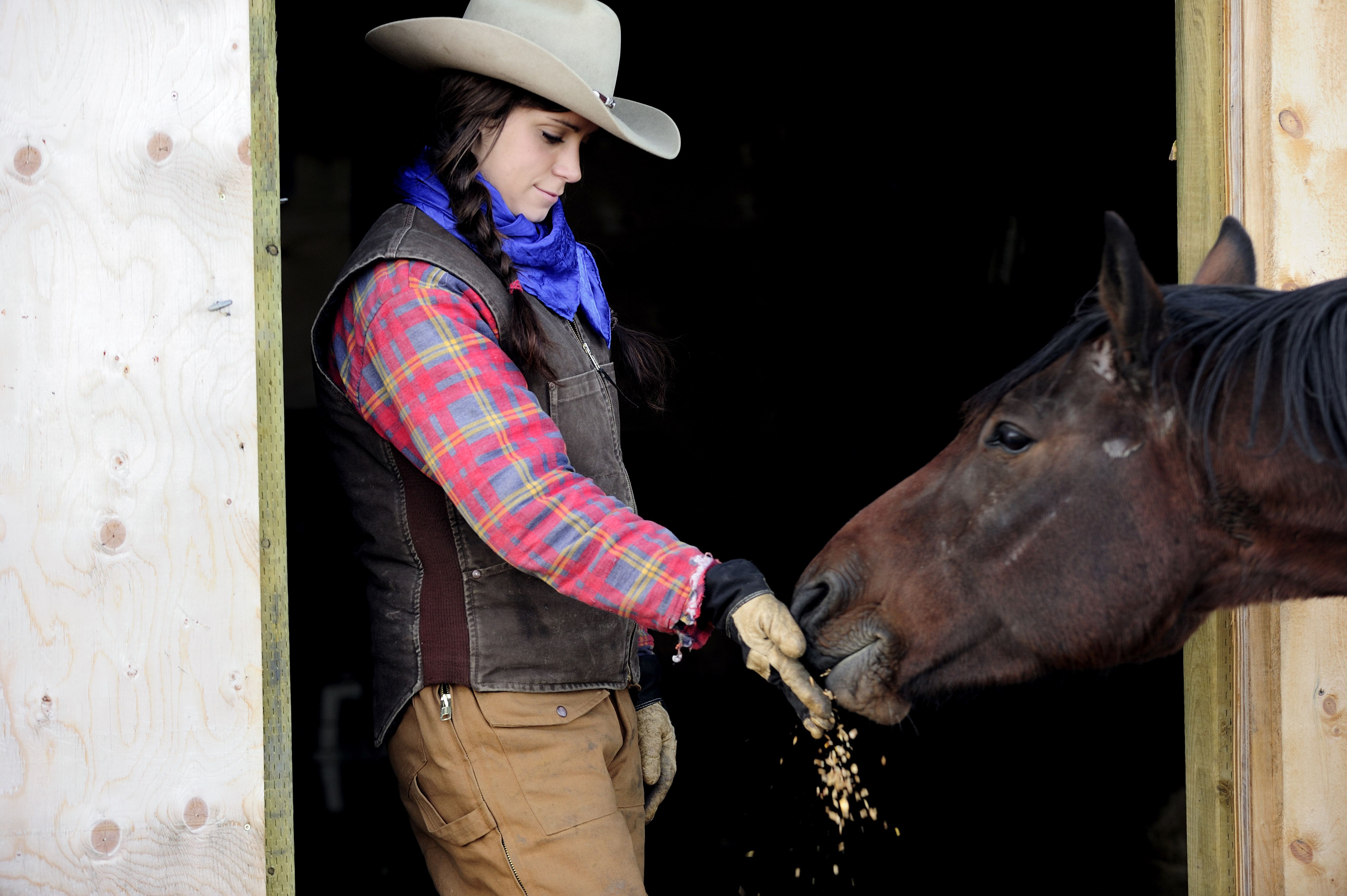 Cowgirl feeding oats to a horse