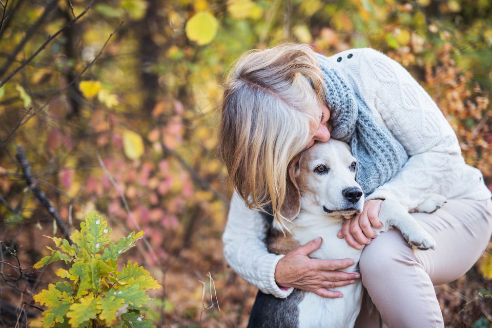 Senior woman outside in the fall with a senior beagle.