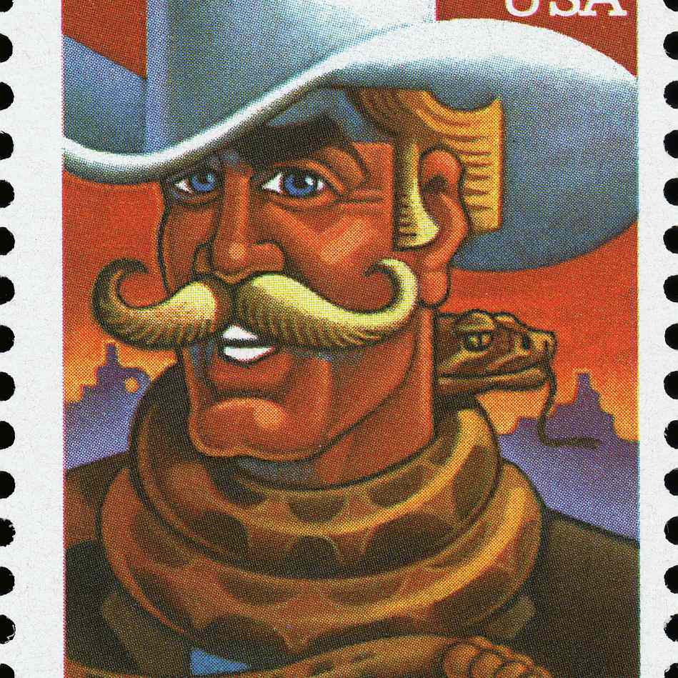 View of a 32-cent postage stamp, issued in 1995 in the United States, that features an illustration of the fictional folkloric character of Pecos Bill, 1995.