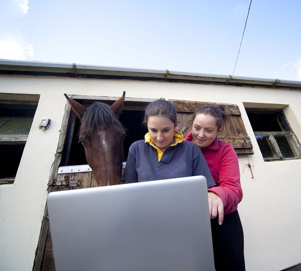 Two young women looking at laptop computer with horse looking over their shoulders.