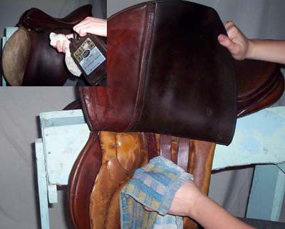 Person applying leather conditioner to a saddle.