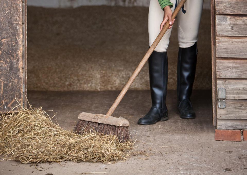 Woman sweeping out horses stable.