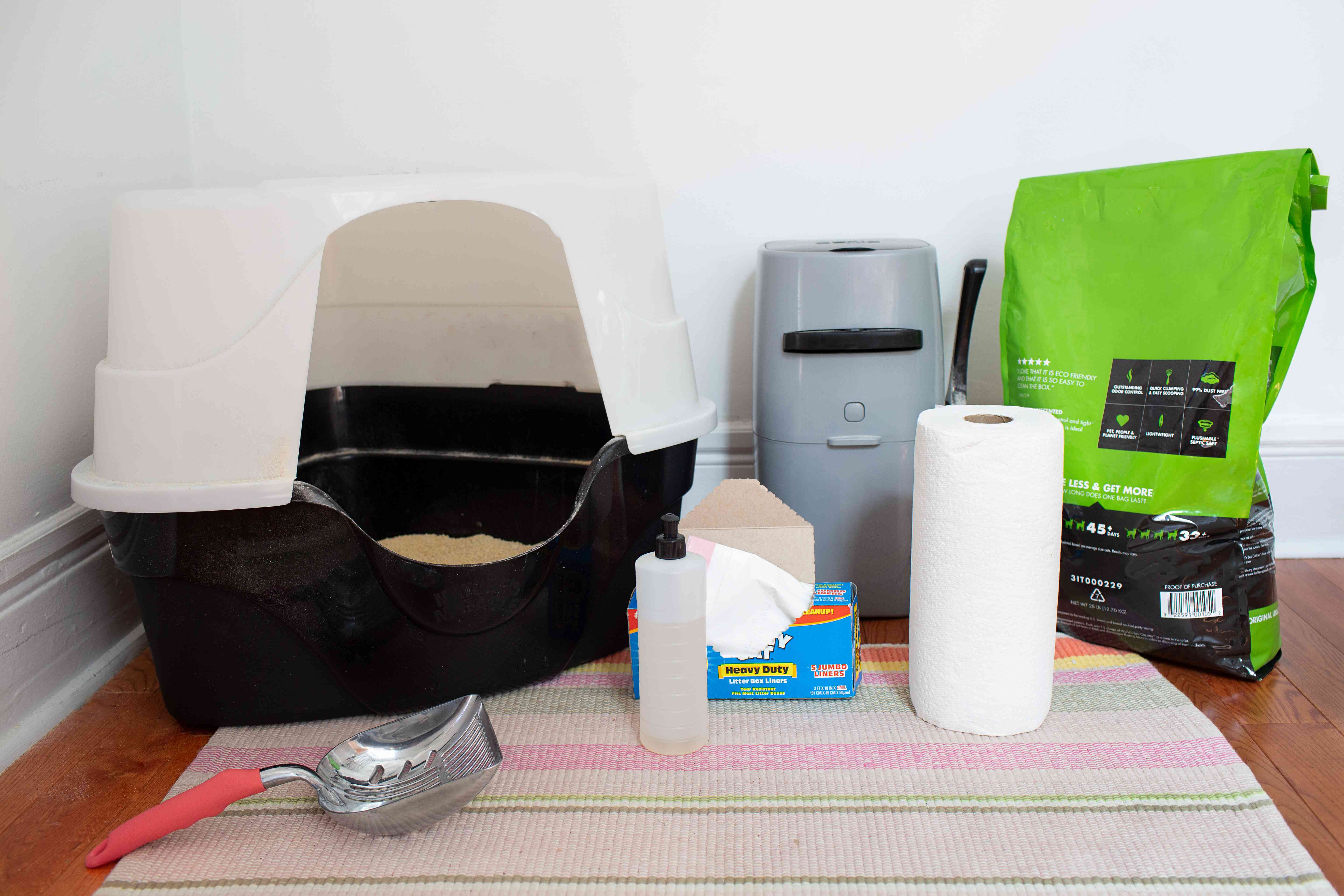 materials for setting up and cleaning a litter box