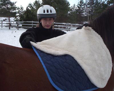 Woman putting on the saddle pad or blanket on horse