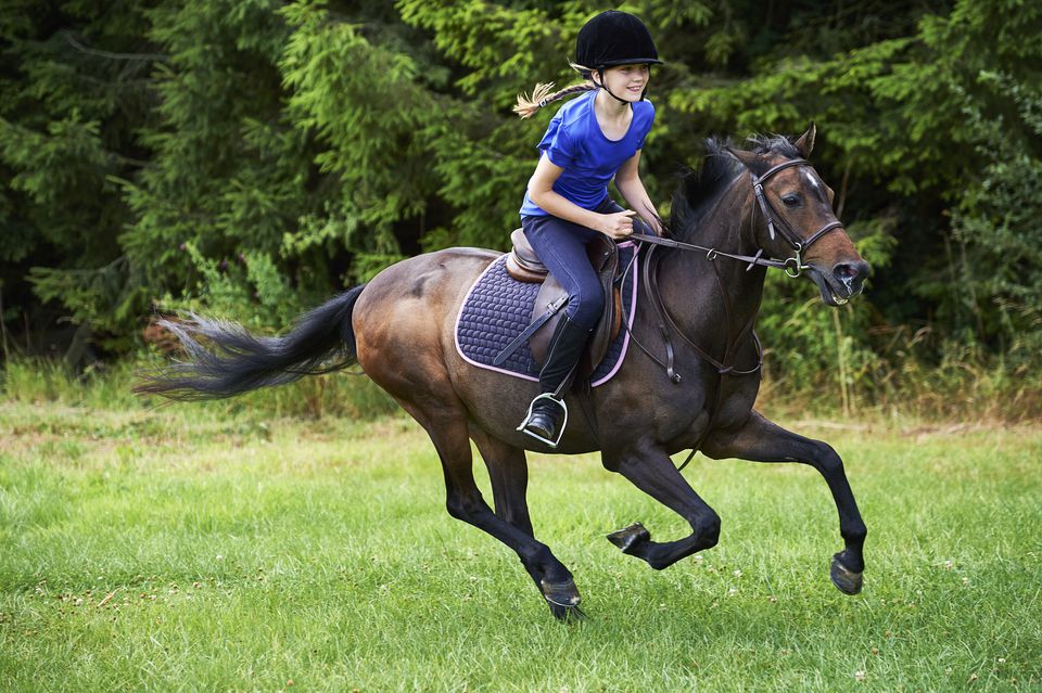 Side view of girl wearing riding hat galloping on horseback