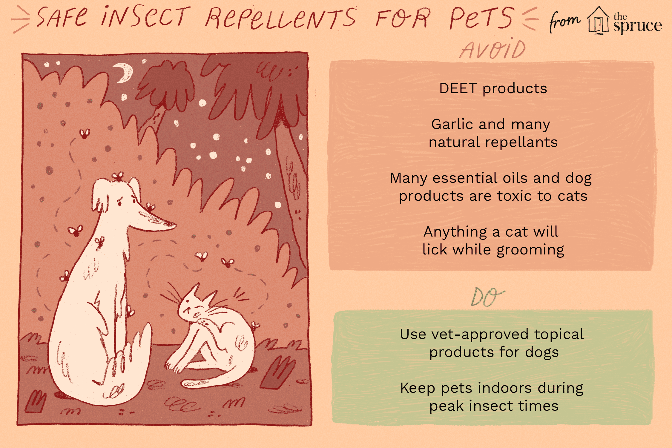 illustration of safe and toxic insect repellents for dogs and cats