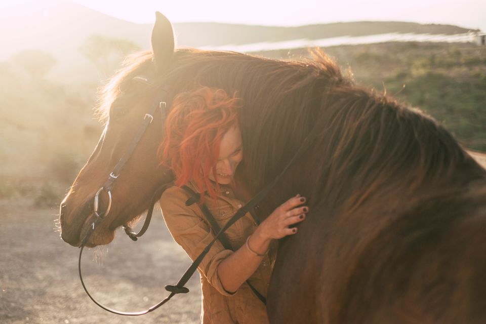 Woman Embracing Horse On Field