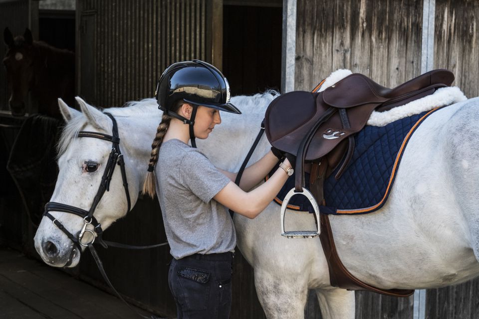 Teenage girl horse rider with a grey horse outside a stable, adjusting the girth and saddle.